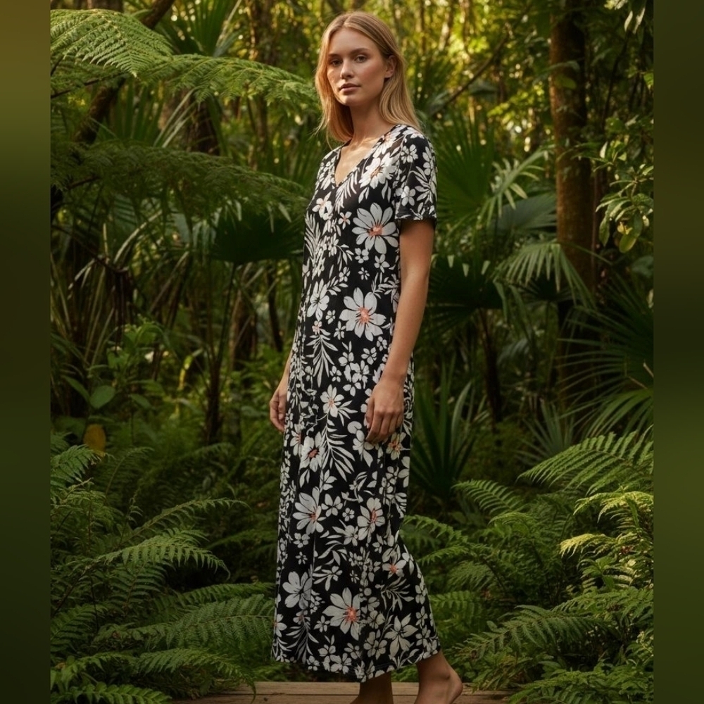 Denim & Co Navy & White Print Maxi Dress 100%cotton Medium